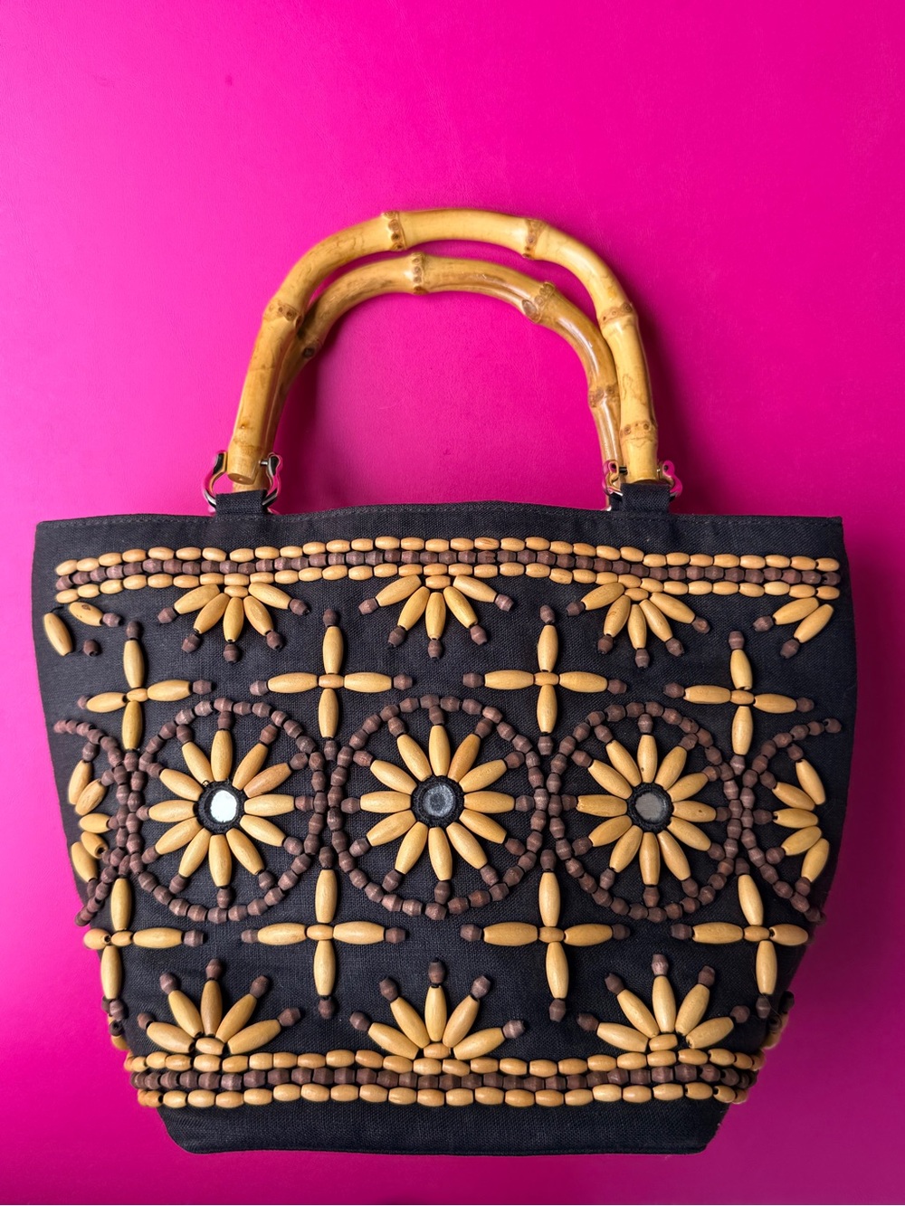 Vintage Talbots Wood Beaded Bamboo Handle Tote Bag Purse Boho Whimsigoth Vtg 90s